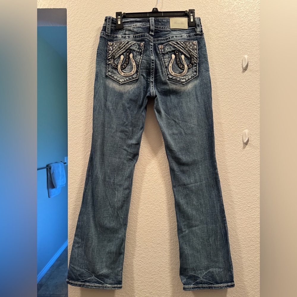 Miss Me Blue Bootcut Jeans with Embroidered Horsehoe Pockets